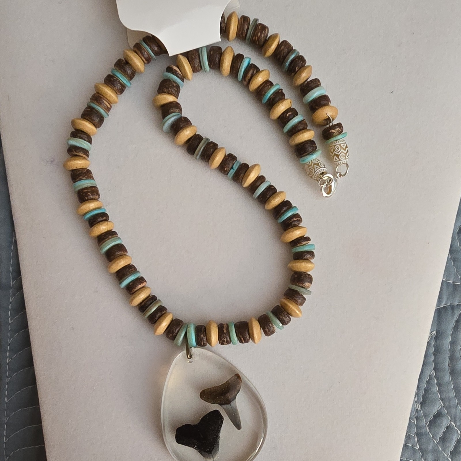 Beaded Necklace Handcrafted Resin Shark Teeth Charm, Wood Glass Beads
