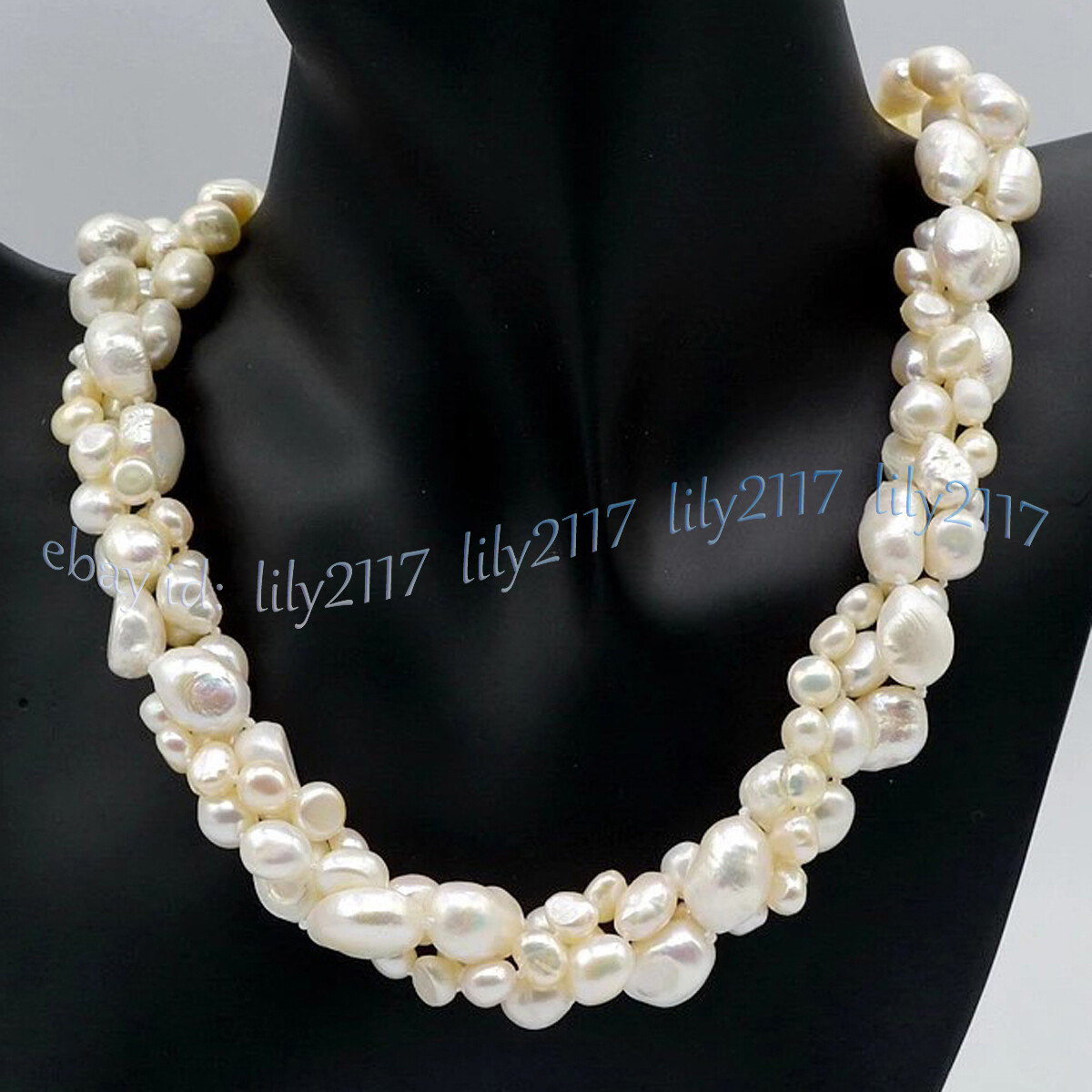 3 Rows Genuine Natural White Freshwater Baroque Pearl Beads Necklace 18” 7-11mm