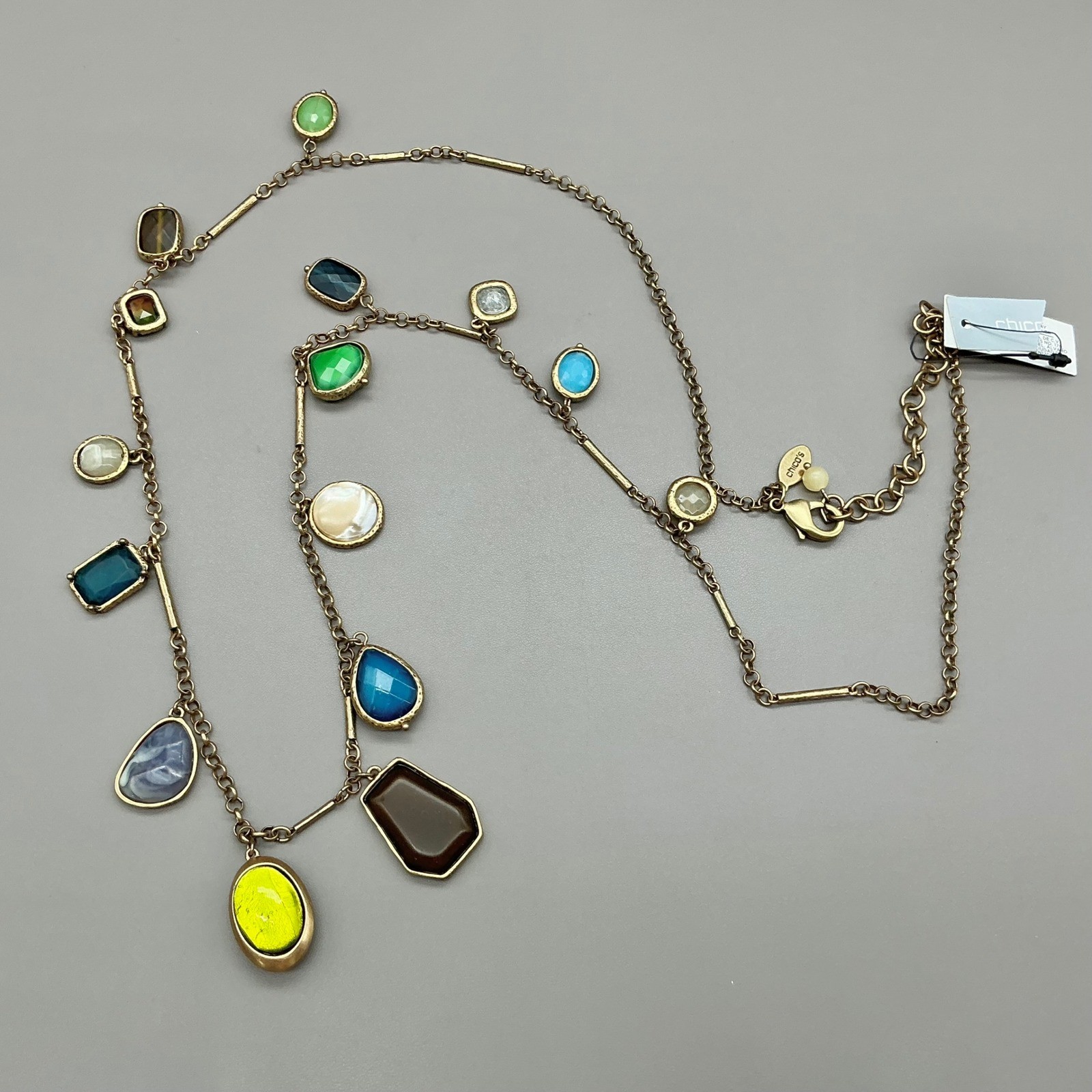 Chico’s Necklace Gold Tone Multicolor Faux Stone Station Chain Statement 34″