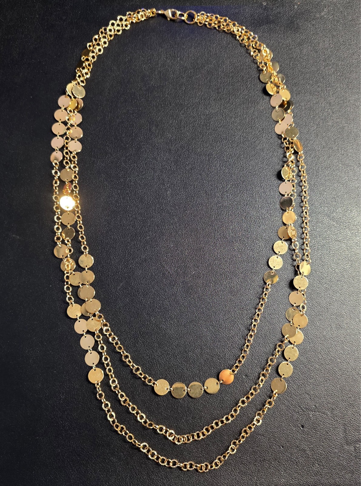 18K Gold Plated Italy 3 Layer Confetti Boho Disc Link Chain Necklace 28.5″