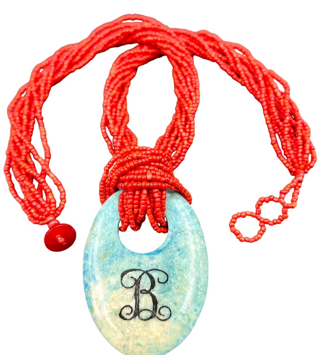 Red Multi-Strand Seed Bead Necklace with Blue Green Monogram “B” Stone Pendant