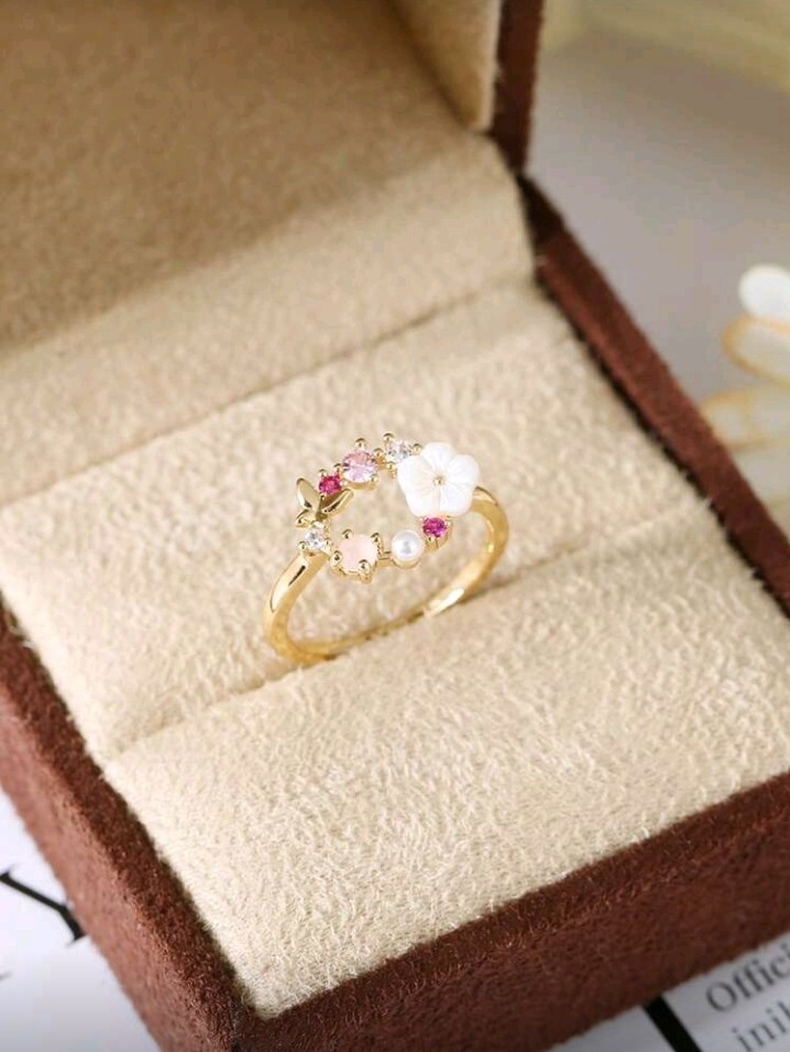 Gold-Plated Copper Butterfly And Flower Pearl And Rhinestones Round Ring Size 7