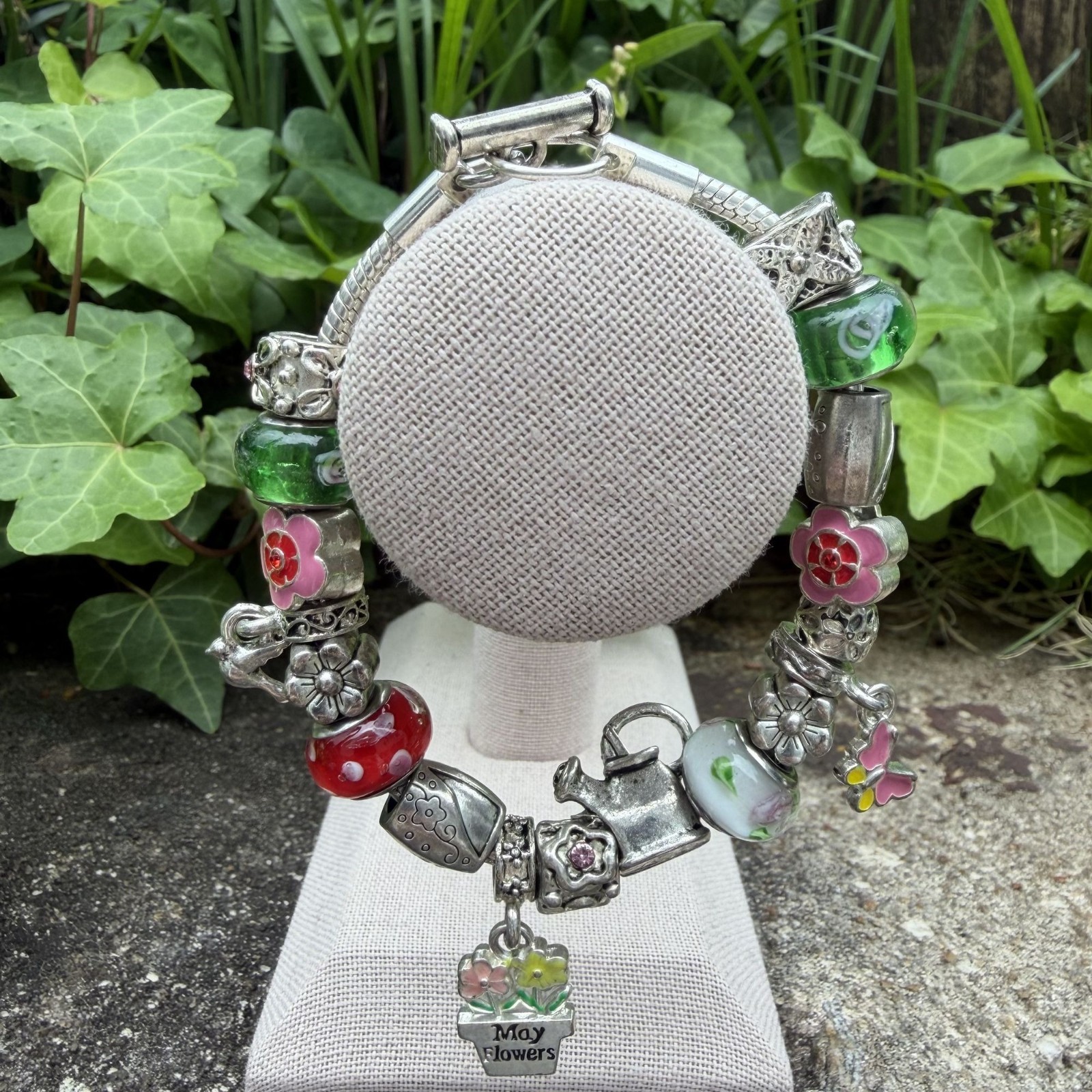 May Birthday Charm Bracelet 8″ Floral Willabee and Ward Danbury Mint Silvertone