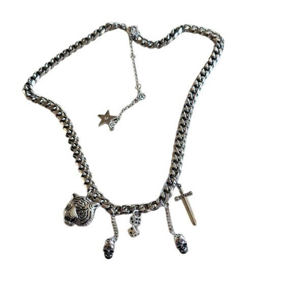 Dalmata D Billie Eilish Steel skull Necklace silver skull Charm cuban chain 21″