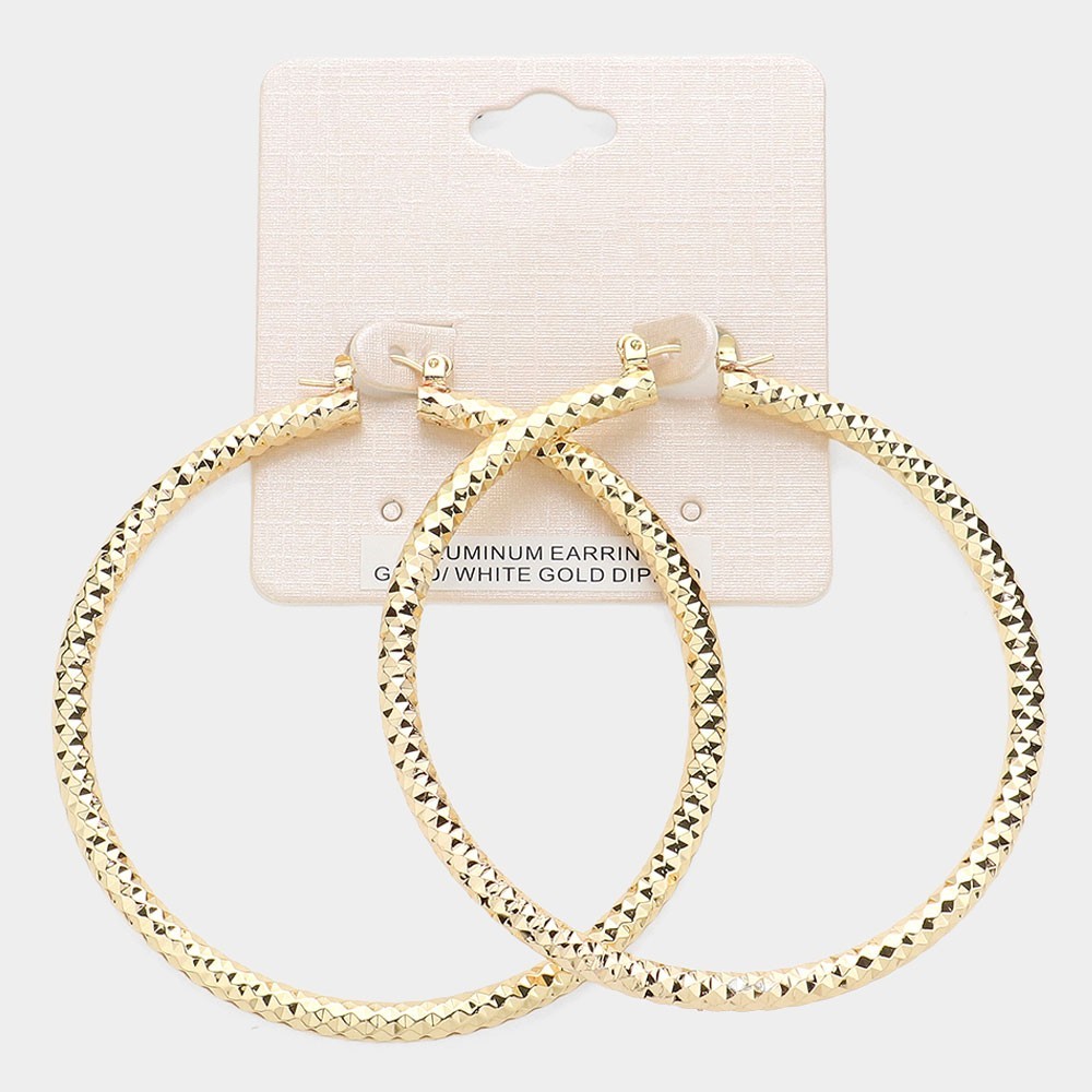 NEW ROUND HOOP YELLOW GOLD TEXTURED DIAMOND CUT EARRINGS LARGE LIGHT WEIGHT 2.7″