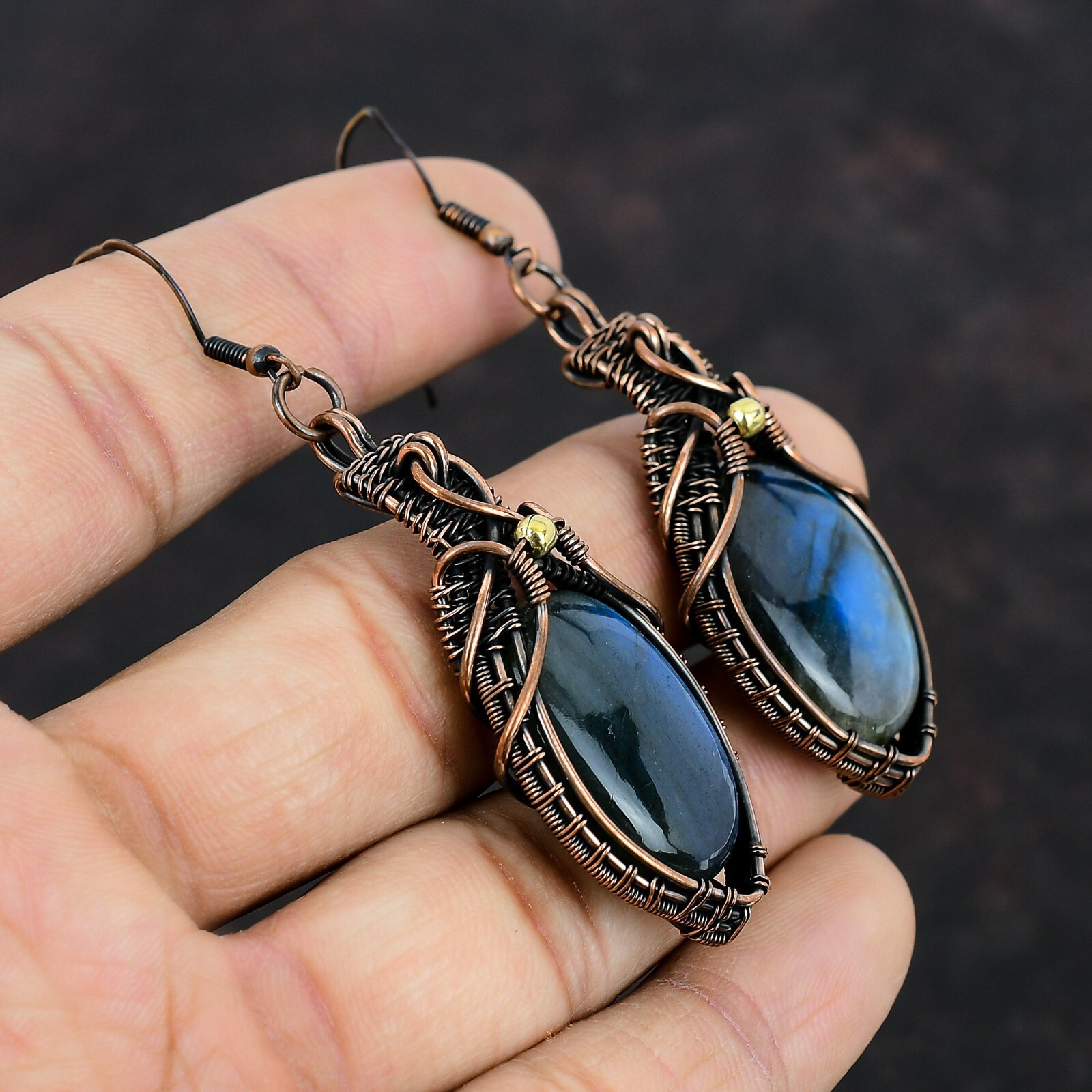 Labradorite Copper Valentine Gift Wire Wrapped Drop/Dangle Earrings 2.87″