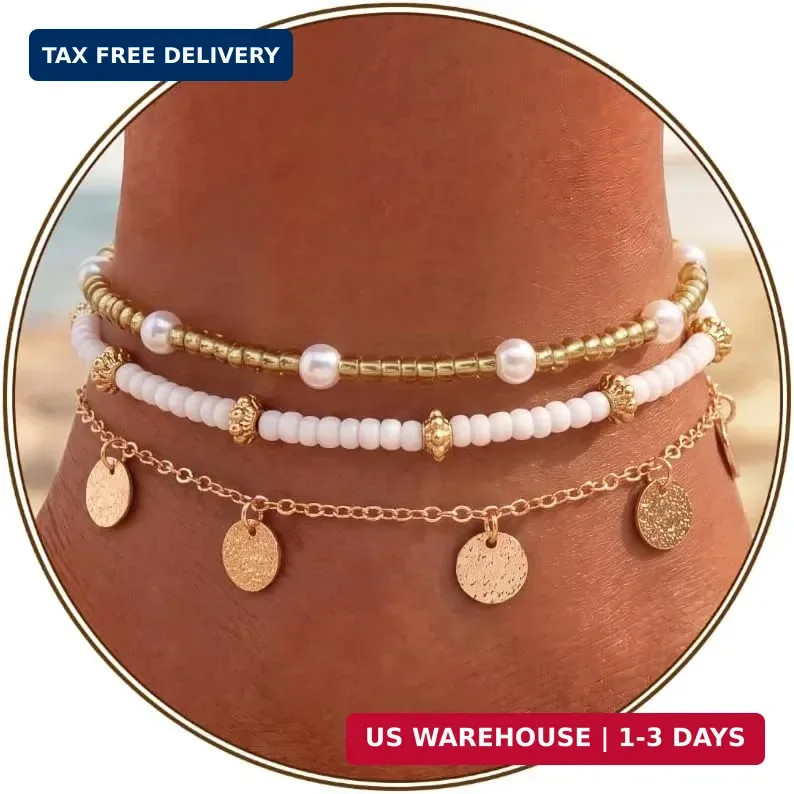 Qceasiy Shell Ankle Bracelet Set for Women, Gold Plated Boho Bead Adjustable Ank