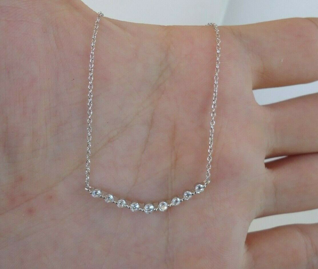 CURVED BAR NECKLACE PENDANT W/ LAB DIAMONDS /925 STERLING SILVER / 18”
