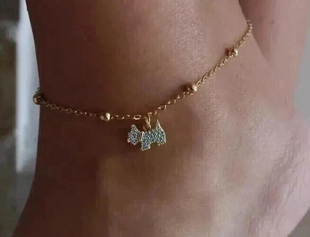 Dangle Dog Women Chain Anklet Simulated Round Cut Diamond 14K Yellow Gold Plated