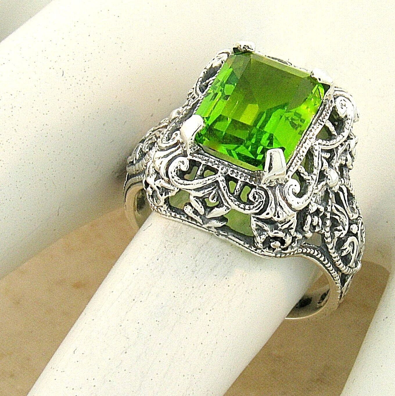 ANTIQUE STYLE 925 STERLING SILVER FILIGREE SIMULATED 2.6 CT. PERIDOT RING #1125