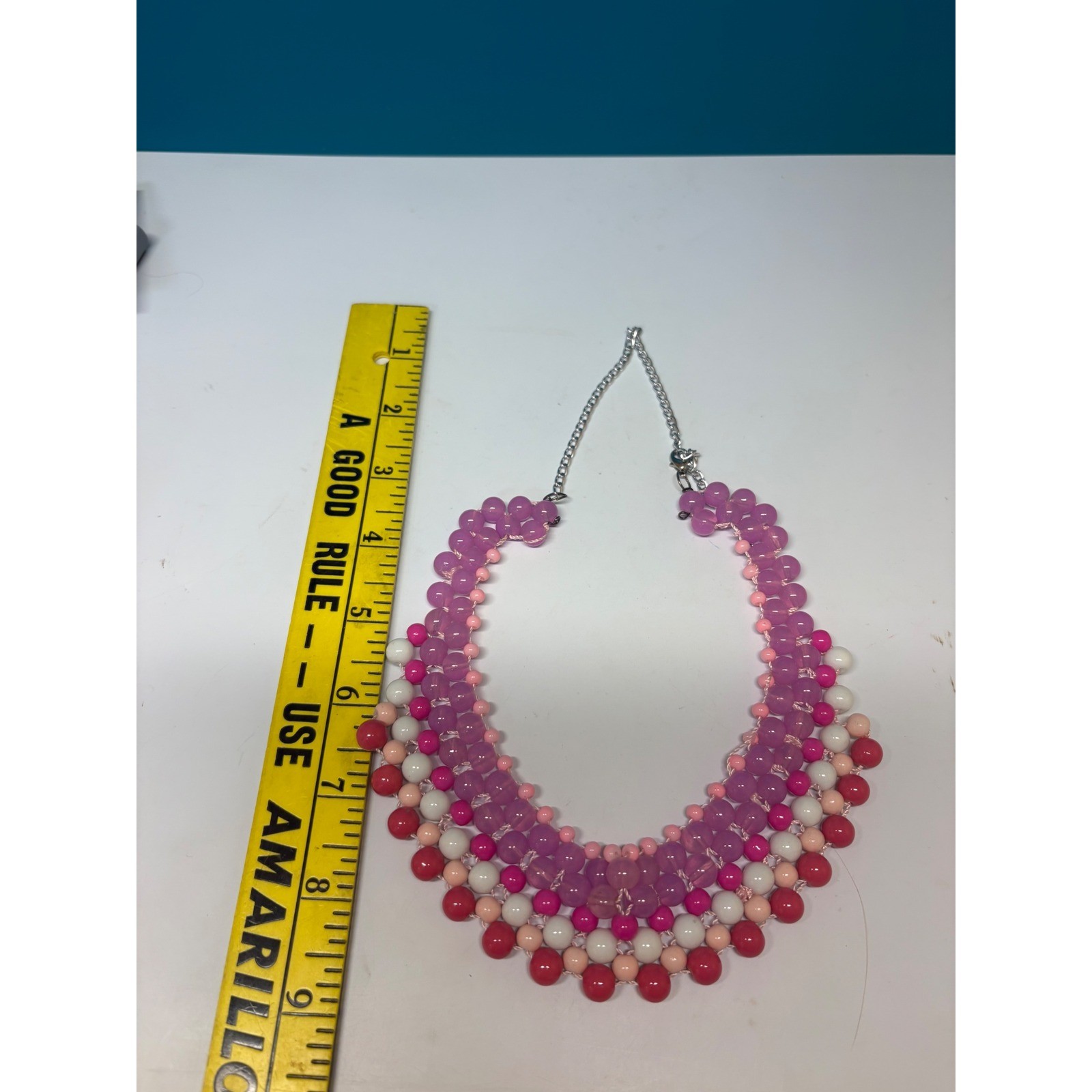 Handmade Pink Purple White Beaded Bib Statement Necklace Adjustable