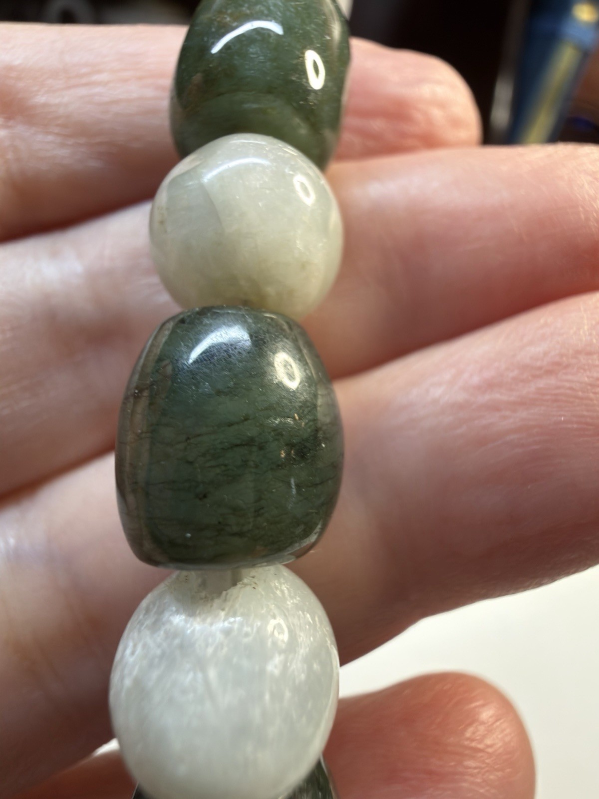Vintage Natural Green Nephrite Jade & Agate Barrel Bead Toggle Bracelet 19.5cm