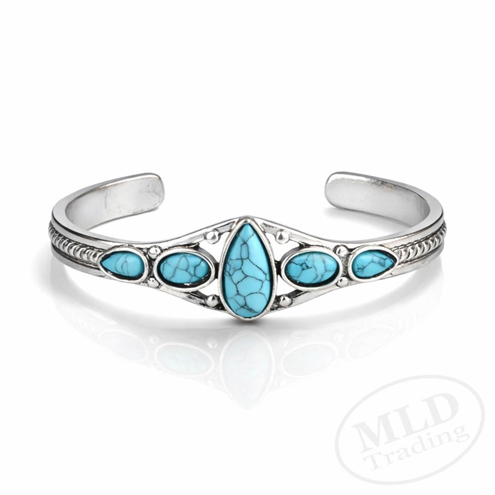Turquoise Cuff Bracelet – Alloy Silver Tone Natural Stone Southwestern Style