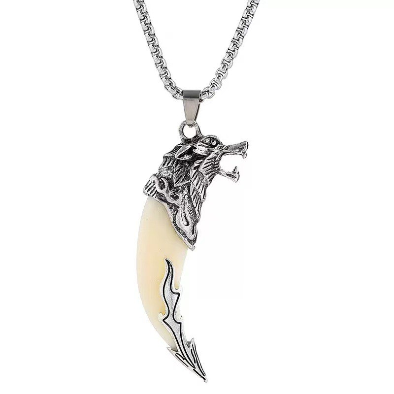 Titanium Steel Wolf Tooth Pendant Necklace Gothic Turquoise Red Stone Jewelry