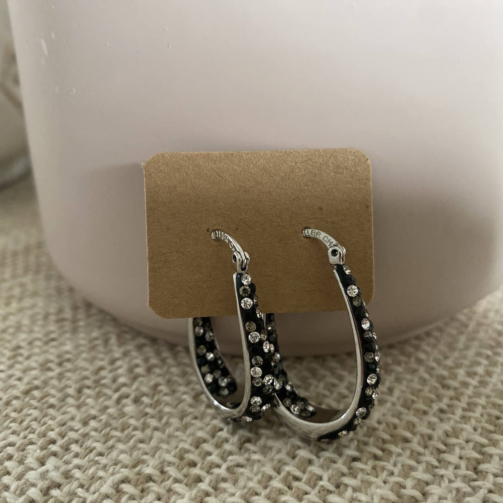 ATI BR CH Earrings Silver Black Gray Rhinestones Oval Hoop Dangle Drop Sparkly