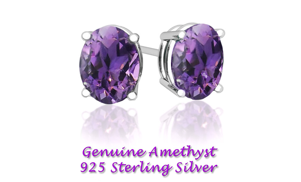 Stud Silver Earrings Oval Cz Sterling 925 Cubic Zirconia Amethyst Clear 6MM