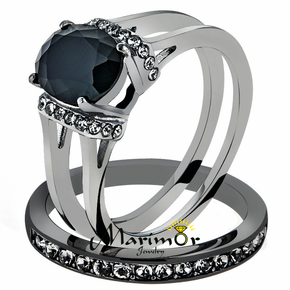Stainless Steel 2.12 Ct Oval Cut Black Cz Two Toned Ion Plated Wedding Ring Set