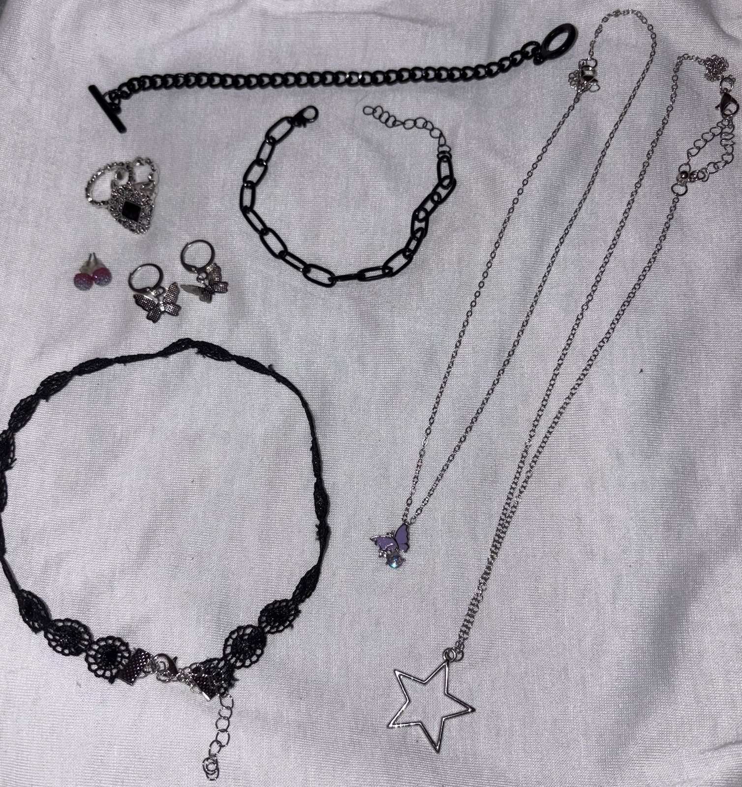 Silver Purple Black Jewelry Set Butterfly Star Necklace Earrings Bracelet Ring