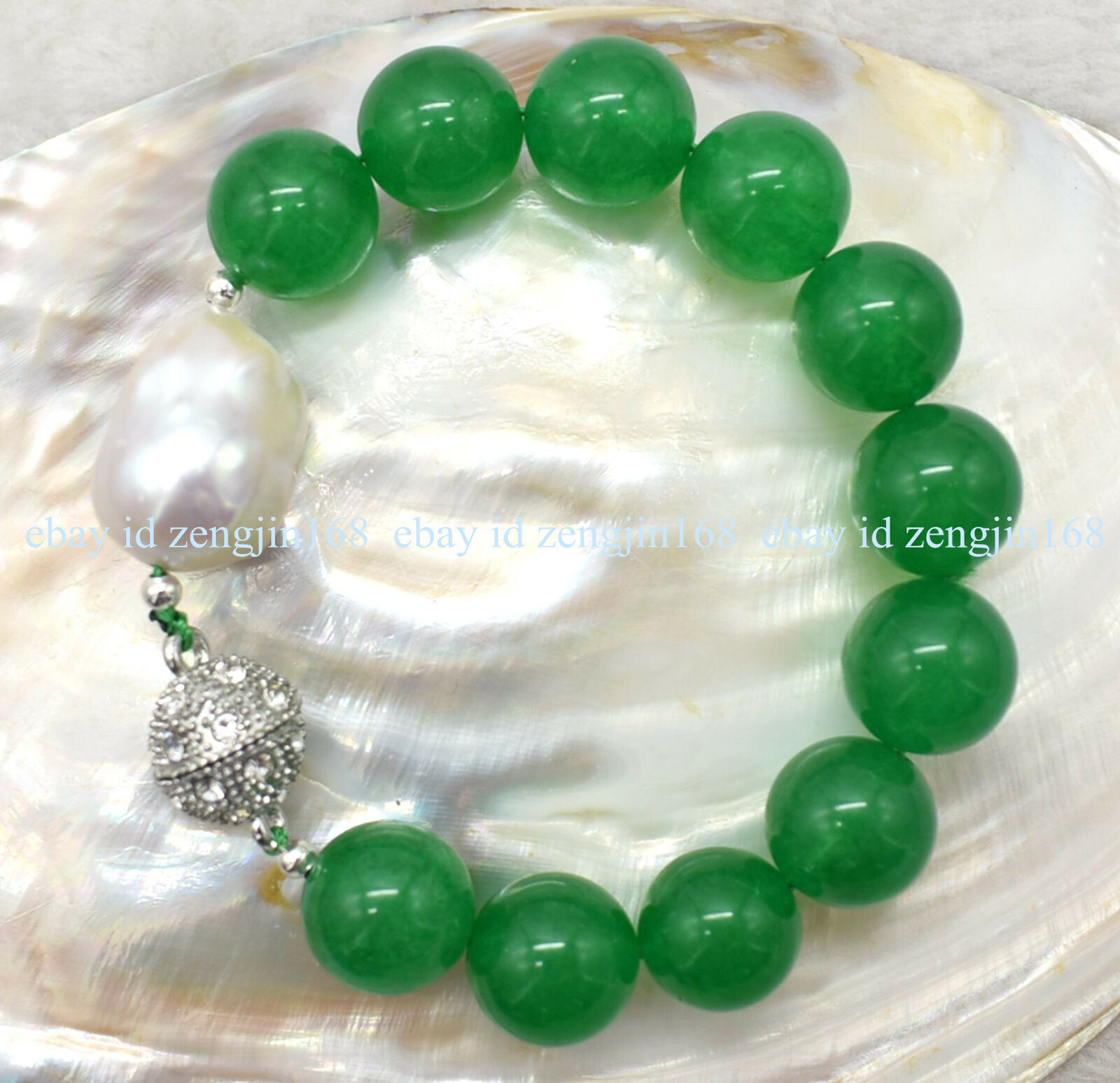 Natural Green Jade Round Gemstone Beads White Keshi Baroque Pearl Bracelet 7.5”