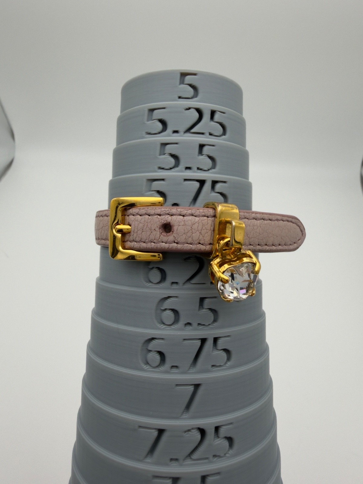 Authentic Miu Miu Pink Beige Leather Bracelet Crystal Charm Gold Tone Hardware