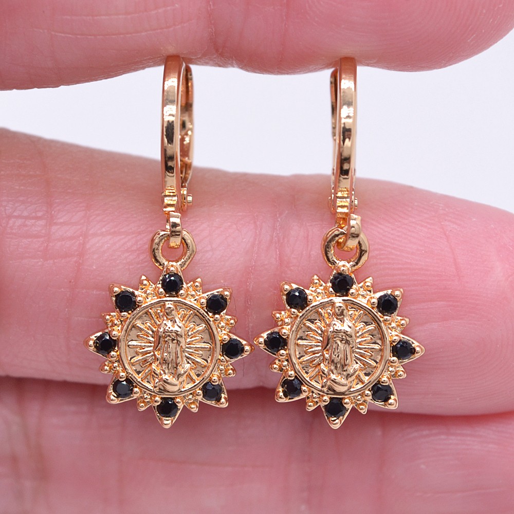 18K Yellow Gold Filled Women Green Topaz Fancy Flower Virgin Mary Drop Earrings