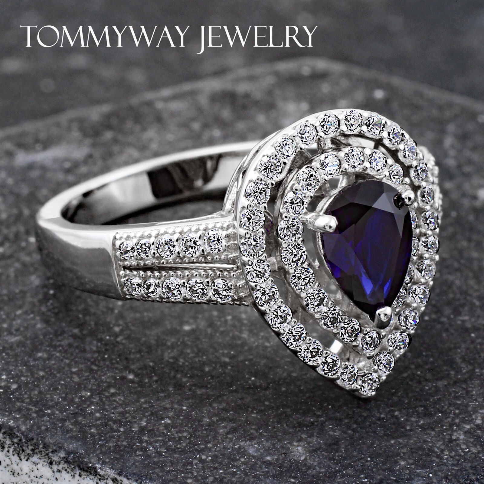 925 Sterling Silver 1.86 Ct Pear Shaped Blue CZ Cocktail Anniversary Ring