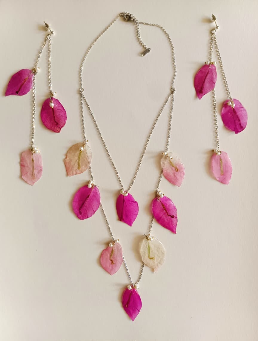 Real Bougainvillea Pink Leaf Necklace Earrings Set Handmade Resin Jewelry Gift