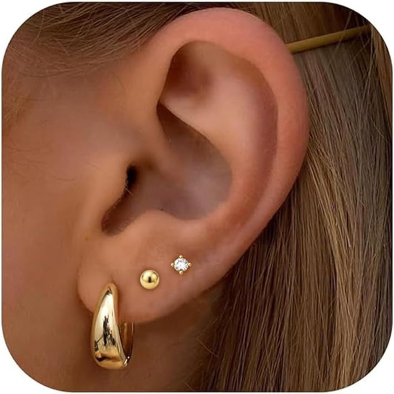 Gold Earring Stack for Women, 3 Pairs 14K Gold Plated Small Huggie Hoop & CZ Stu