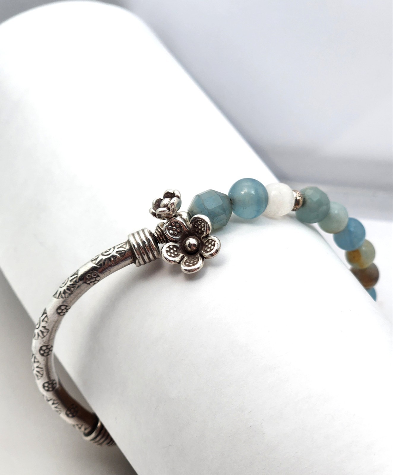 Sterling Silver Bar Stone Bead Bracelet Blue Brown Bangle Stretch Flower Sun 925