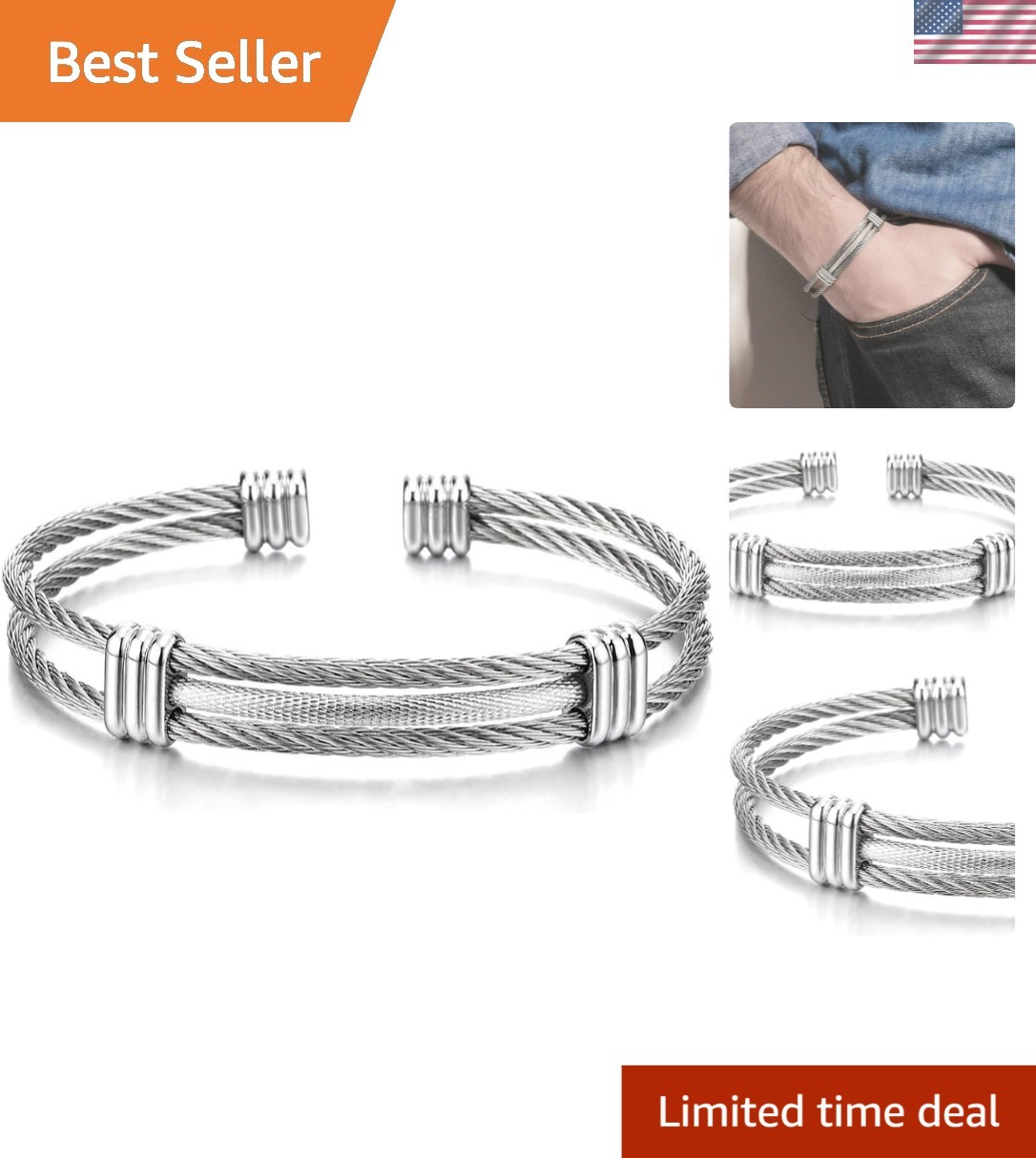 Sophisticated Twisted Cable Cuff Bracelet in Stainless Steel, Fits 19-22cm