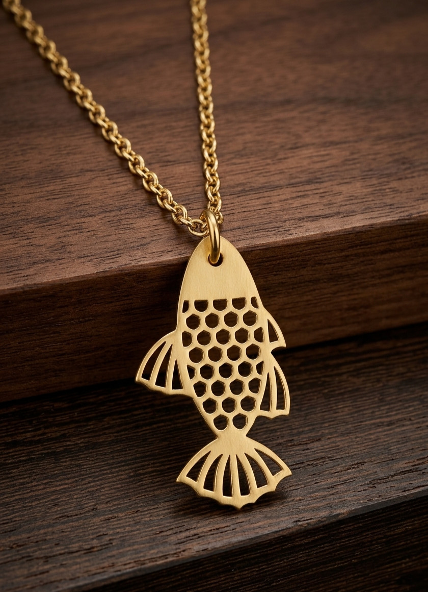 Elegant Look Pure Brass Unique Fish Gold Color Design Pendent Comes With Chain.