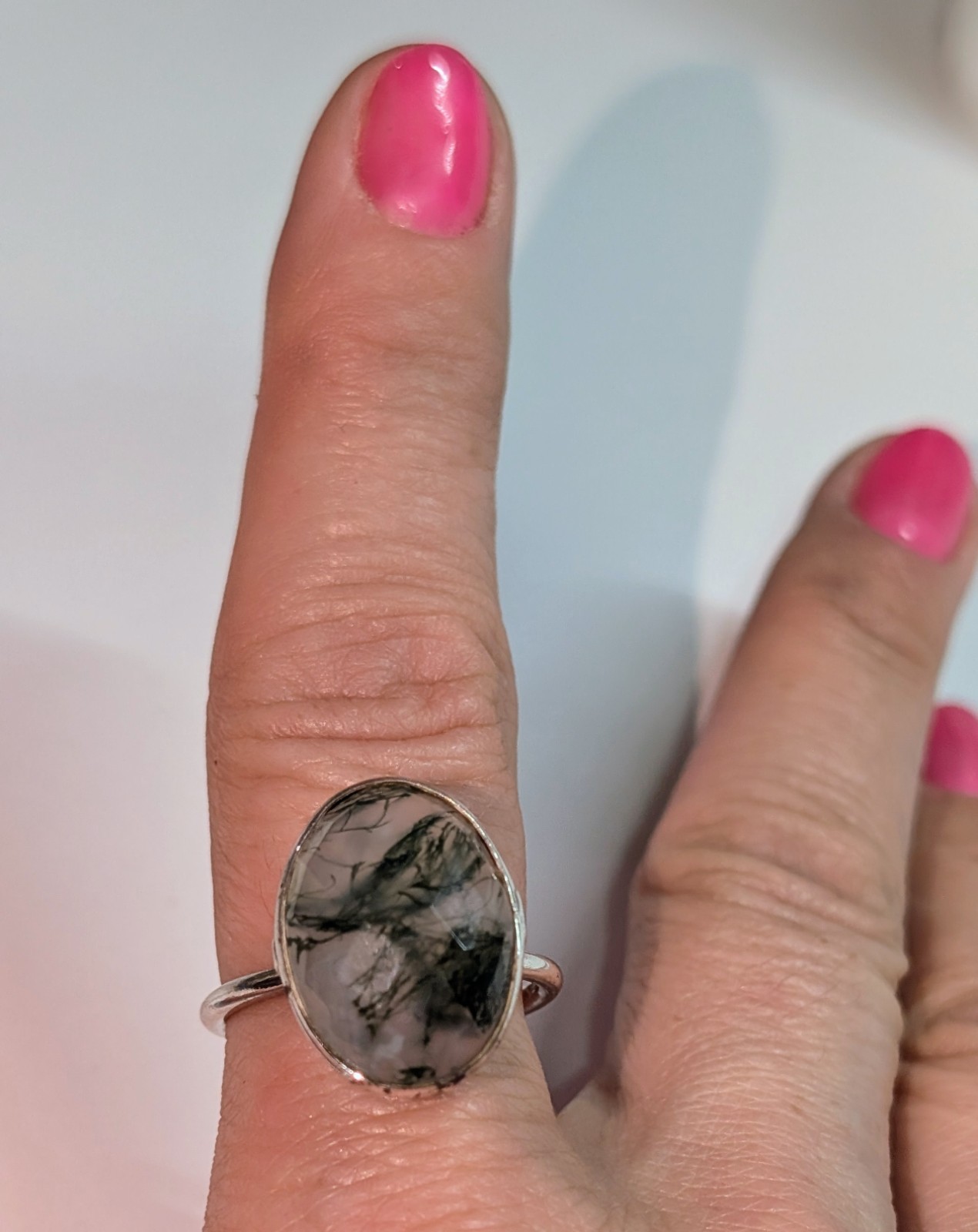 Sterling Silver Moss Agate Oval Ring – Green and White