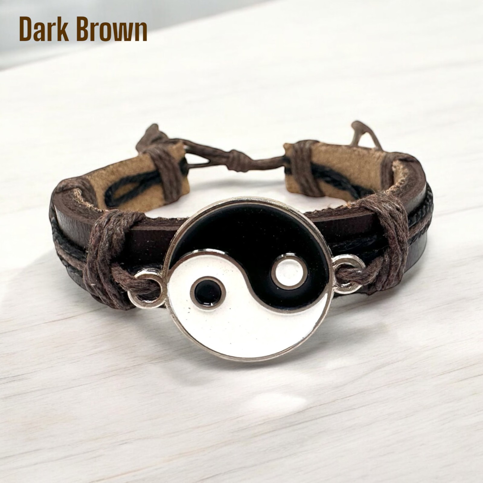 Yin Yang Leather Bracelet Adjustable Unisex Handmade Balance Symbol 6-10in