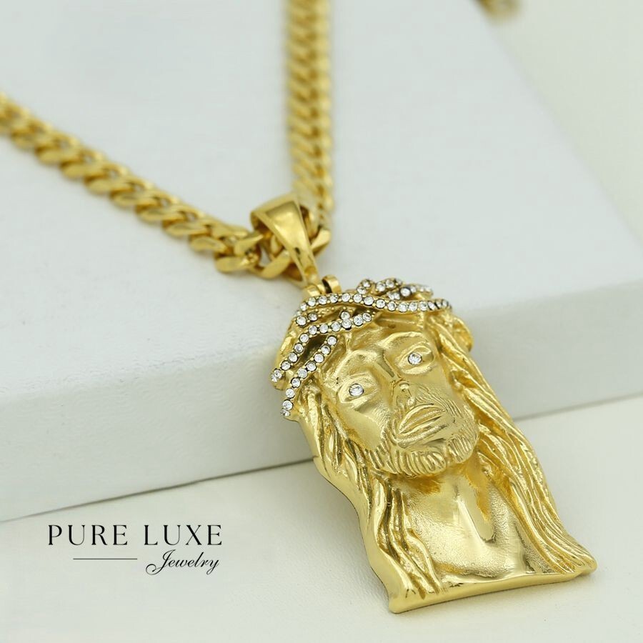 Men’s 20″ Stainless-Steel Gold Cuban Chain.CZ JESUS Face 53mm Solid Pendant*Box