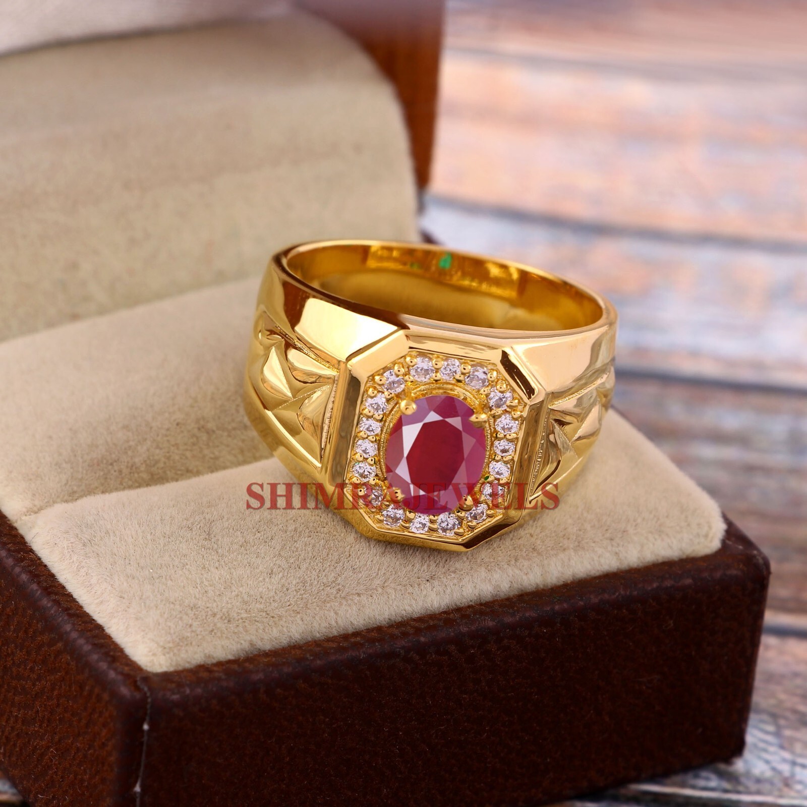 Heated Ruby & CZ Gemstone With 18K Gold Plated Silver Ring for Men’s #1189