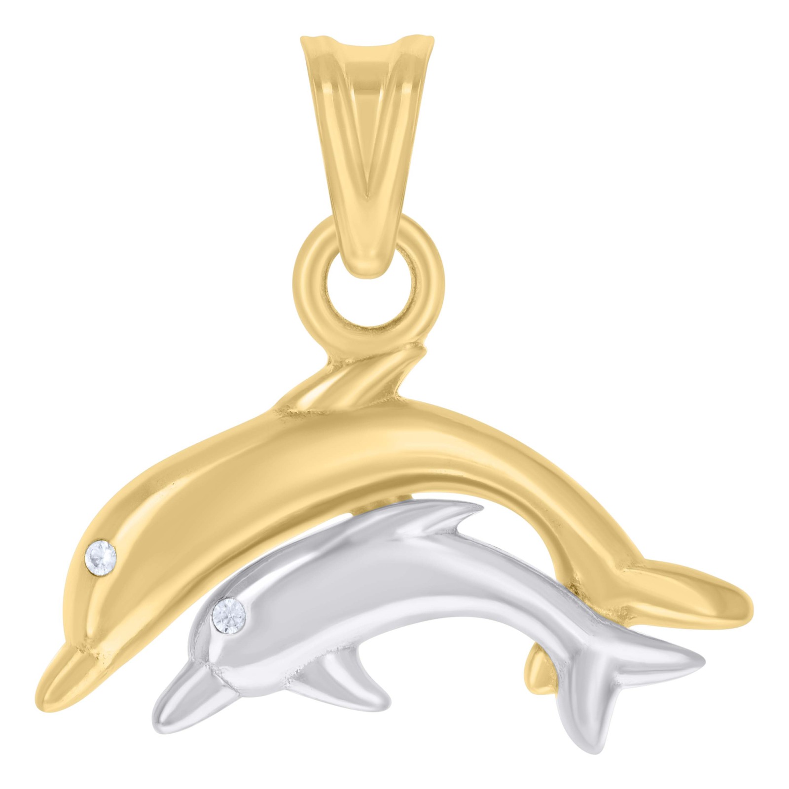 14K Two Tone Gold CZ Unisex 0.75″ Ocean Charm Swimming Double Dolphin Pendant