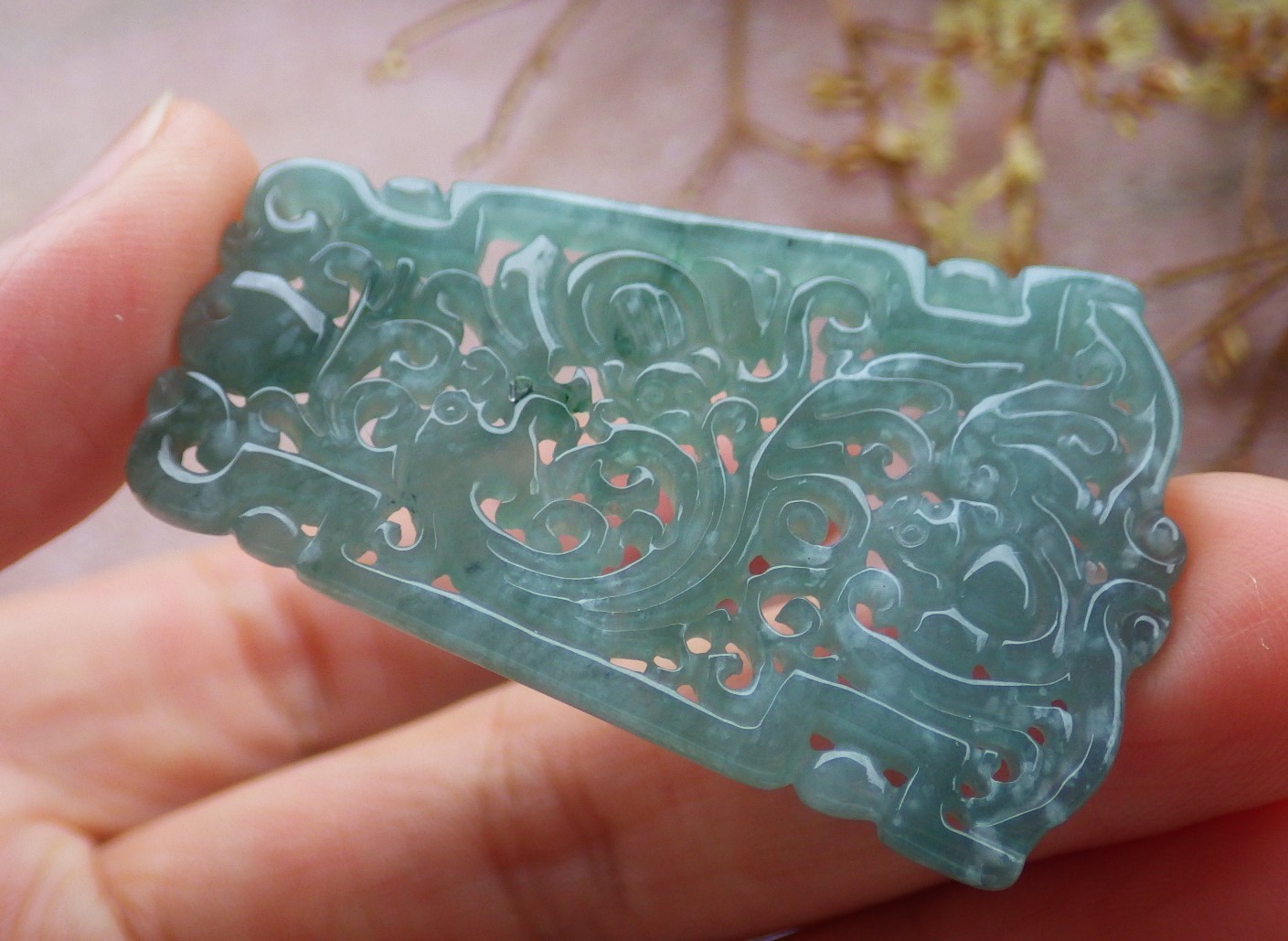1Pcs Green Burma 100% Natural A Jade jadeite Pendant Dragon Bat Ruyi 生意兴隆 735470