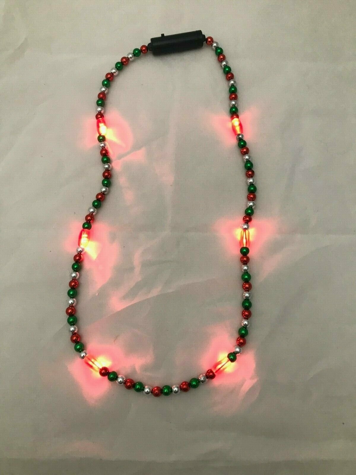 Christmas Necklace 36″ with LED Lights and Red Green Silver Beads