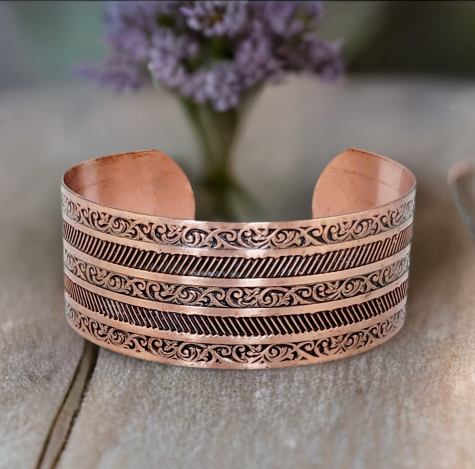 Solid Copper Adjustable Cuff Bracelet with embossed Stripe Design Antique Finish