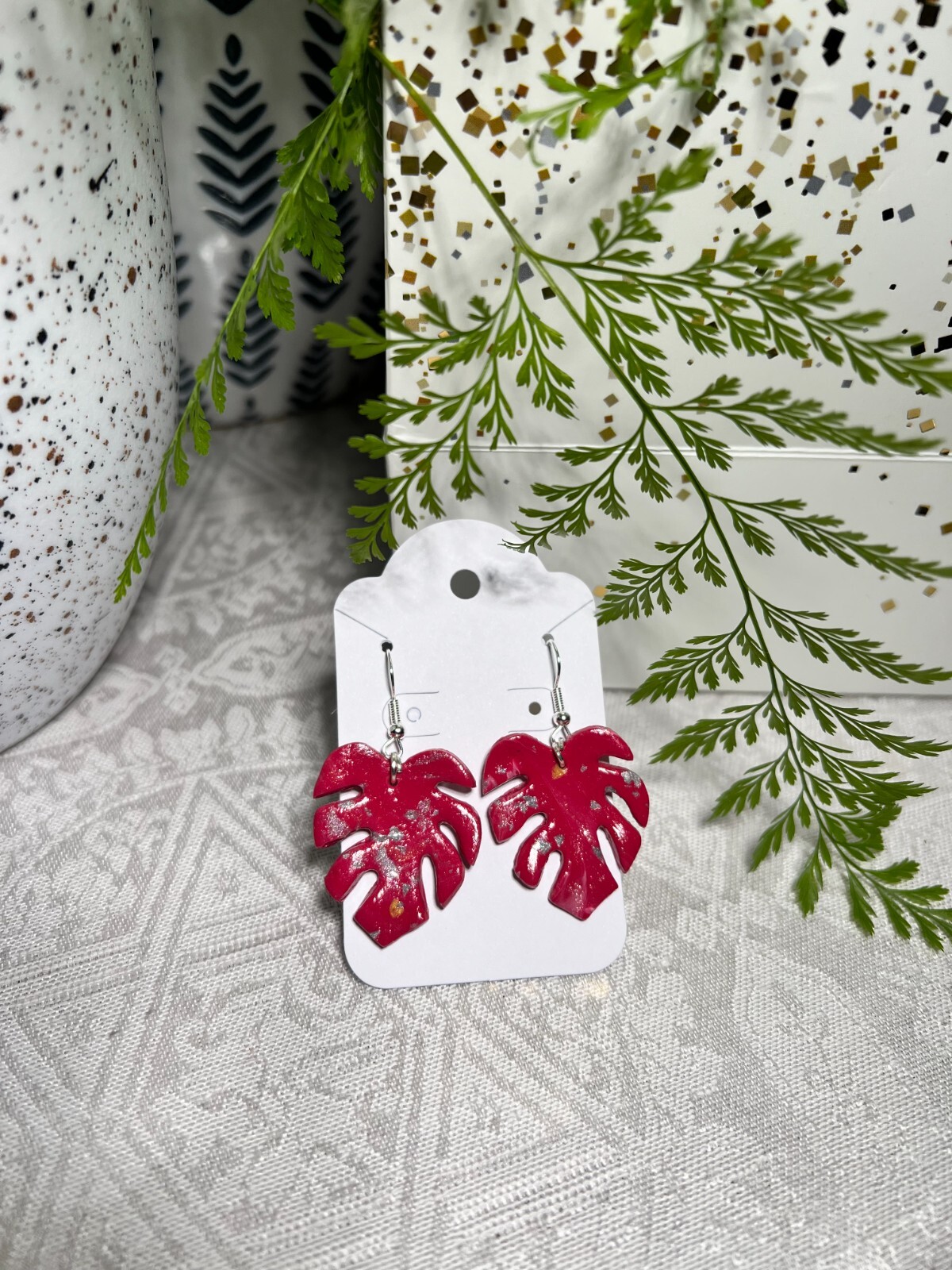 MONSTERA CLAY EARRINGS HANDMADE, GLAZED GREAT GIFT IDEA (SELECT FROM PHOTOS) #2