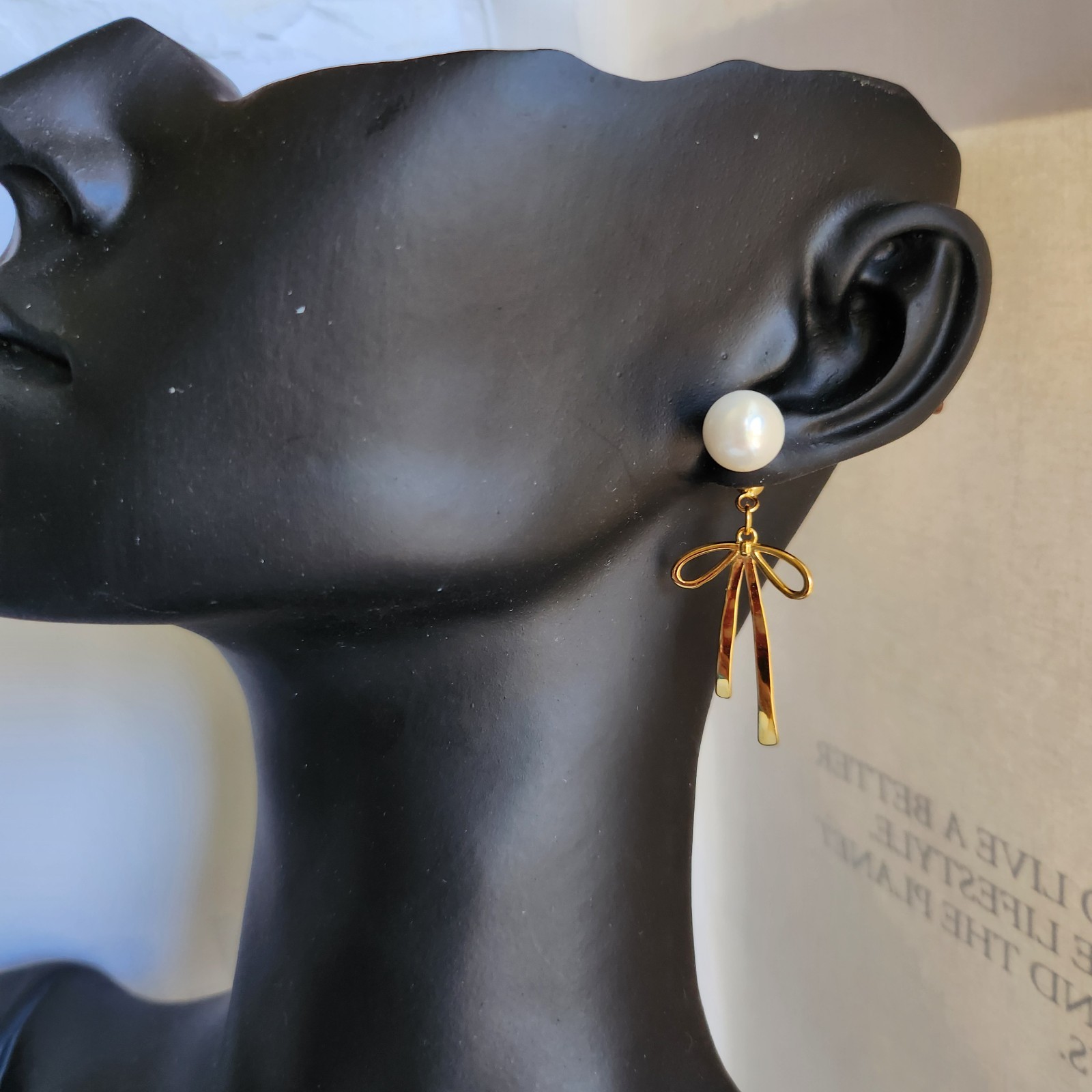 2 Way 8mm Seashell White Pearl Drop Dangle 1.4” Earrings Yellow Gold Plated