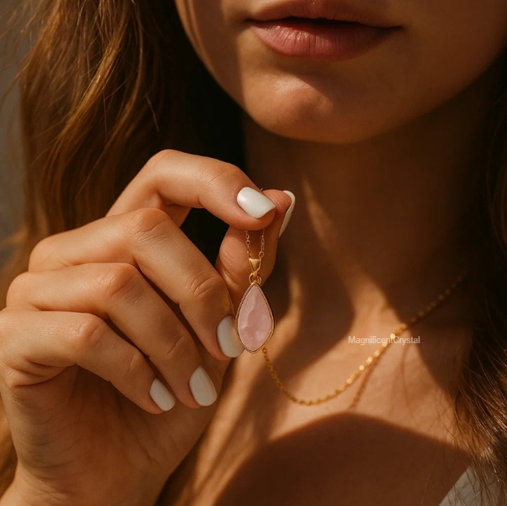 Minimalist Rose Quartz Teardrop Pendant Necklace Dainty Women Stone Jewelry