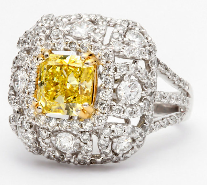 AIG Certified 4.02CT fancy vivid yellow VVS1 natural diamond ring 18k white gold