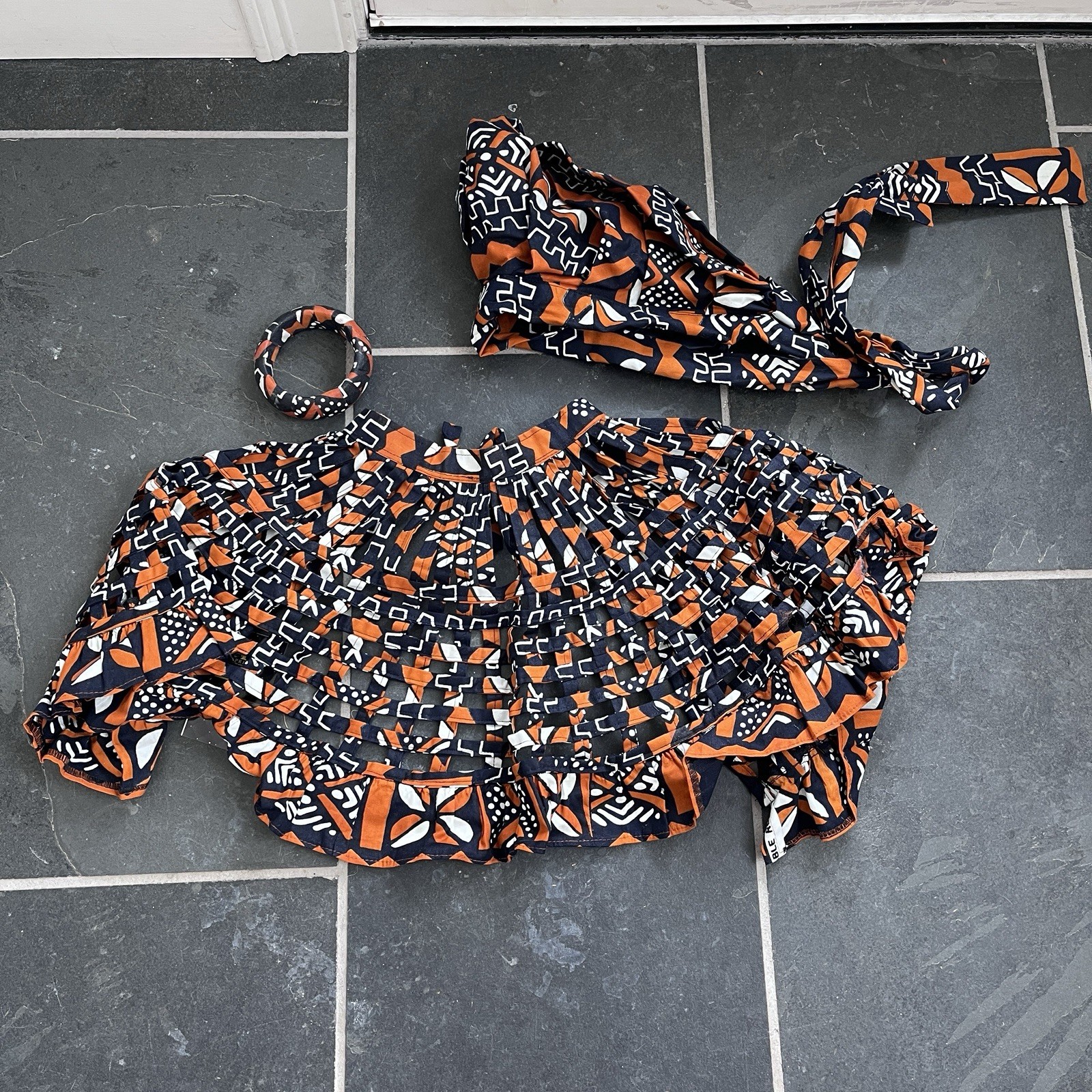 African Print Fabric Necklace Colorful Collar Neck Bib Orange Head Scarf, Bangle