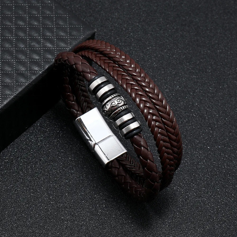 Men’s Leather Bracelet Multilayer Braided Stainless Steel Charm Jewelry Gift