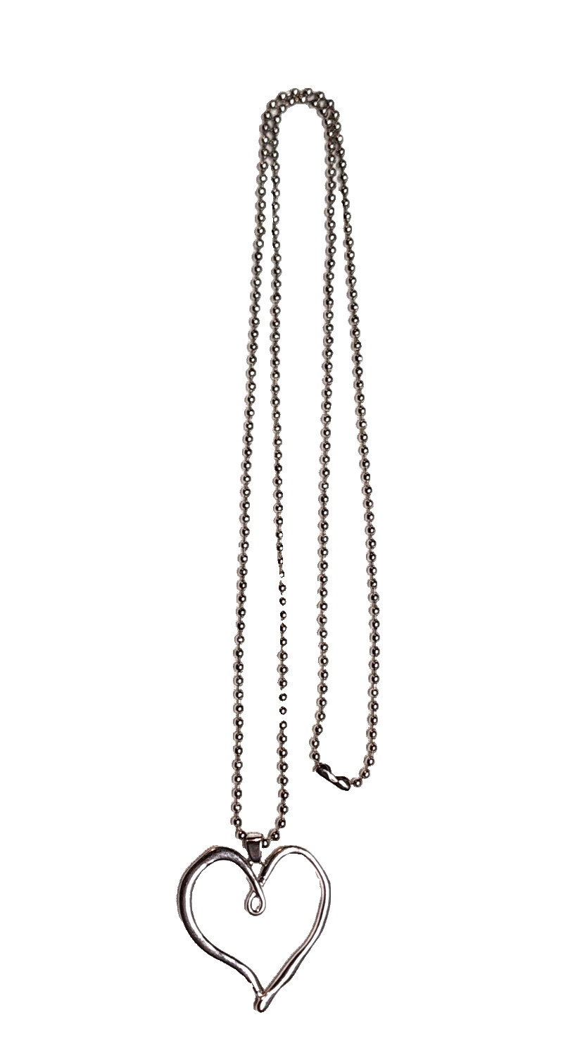 Wavy Abstract Open Heart Pendant Necklace Silver Tone 28″ Ball Bead Love Retro