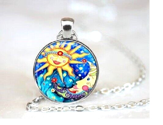 HIPPIE SUN MOON 1″ Handmade Pendant Charm Sterling 925 Silver 22″ Necklace Gift
