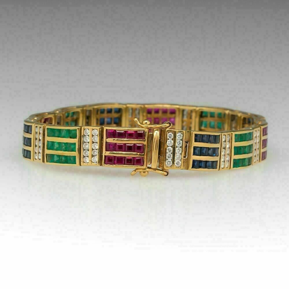 10CT Simulated Ruby/Emerald/Sapphire WomenTennis Bracelet 925 Silver Gold Finish