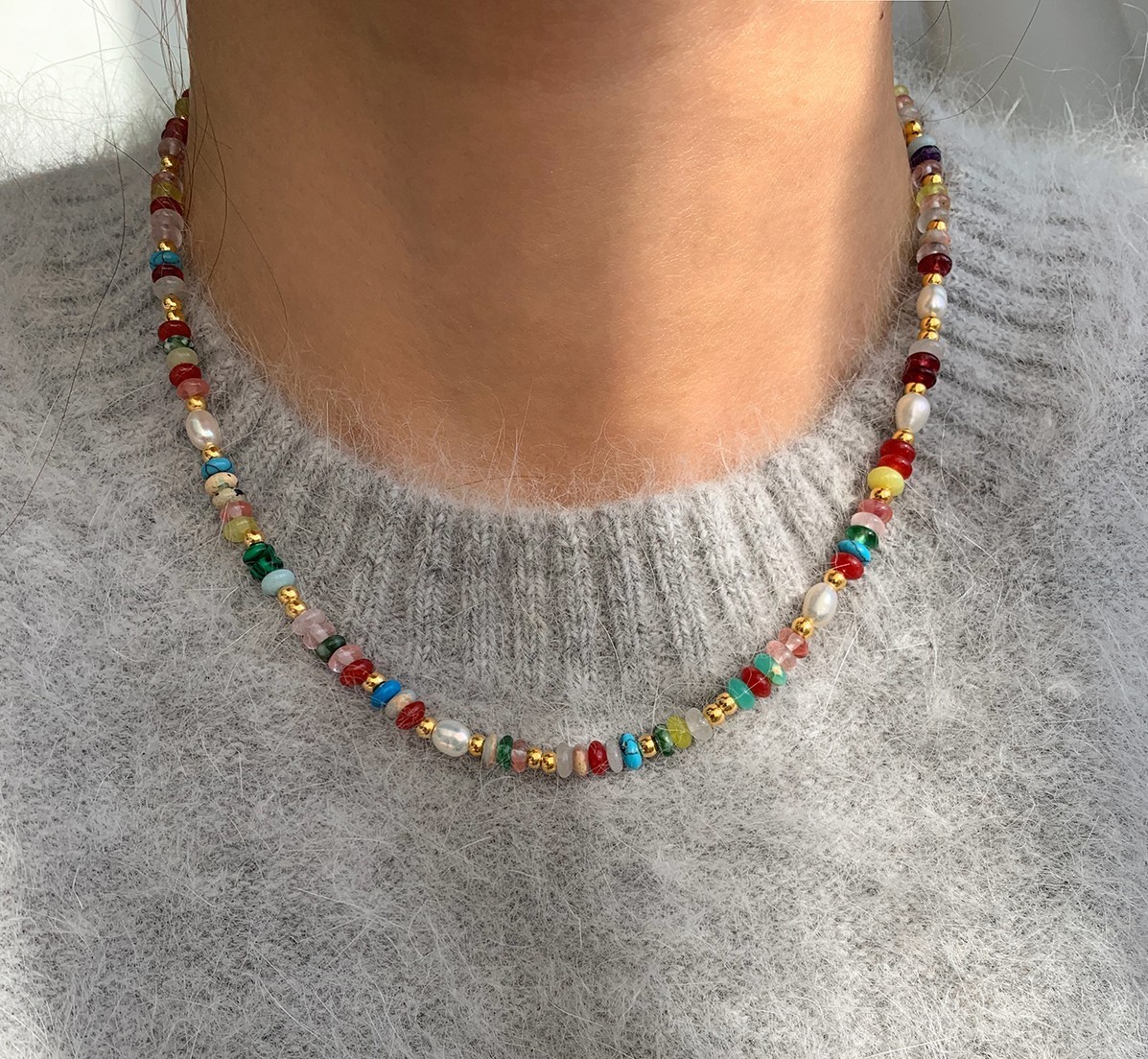 Premium Assorted Gemstone Pearl Rainbow Summer Necklace Bracelet Set for Women