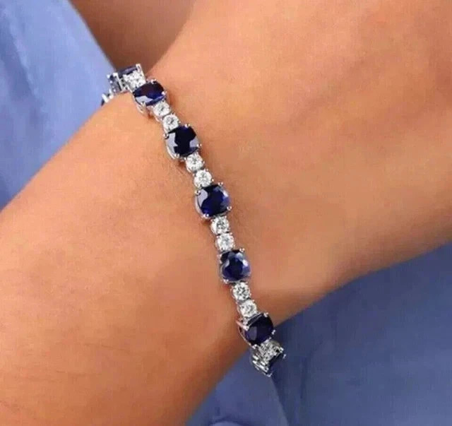 6.5Ct Round Simulated Sapphire Wedding Tennnis Bracelet 14K White Plated Plated